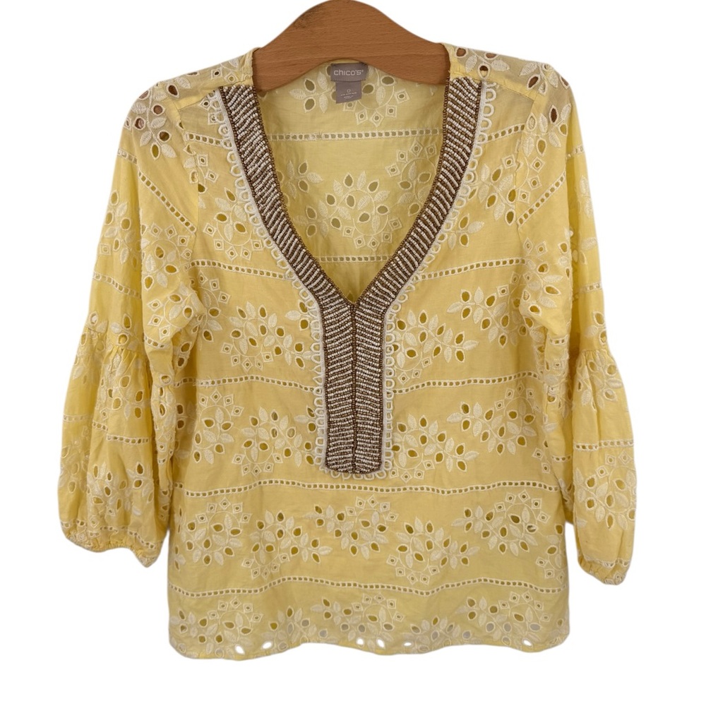 Chicos Womens Yellow Eyelet Peasant Blouse Top Sz 0 (US 4) Beaded Eyelet Cotton